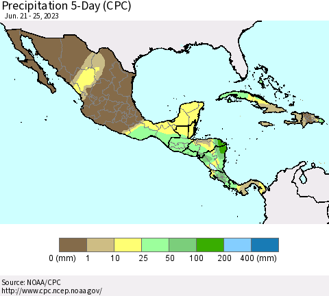 Mexico Central America and the Caribbean Precipitation 5-Day (CPC) Thematic Map For 6/21/2023 - 6/25/2023