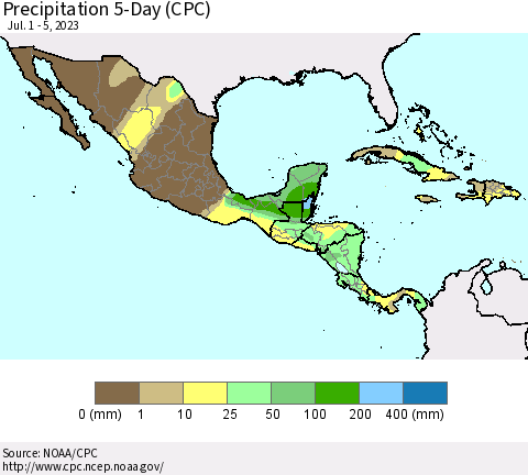 Mexico Central America and the Caribbean Precipitation 5-Day (CPC) Thematic Map For 7/1/2023 - 7/5/2023