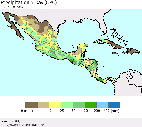 Mexico Central America and the Caribbean Precipitation 5-Day (CPC) Thematic Map For 7/6/2023 - 7/10/2023