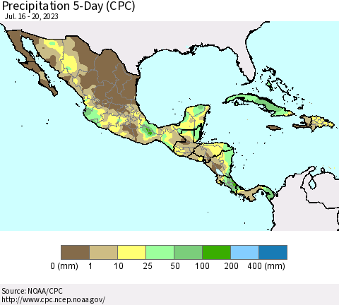 Mexico Central America and the Caribbean Precipitation 5-Day (CPC) Thematic Map For 7/16/2023 - 7/20/2023