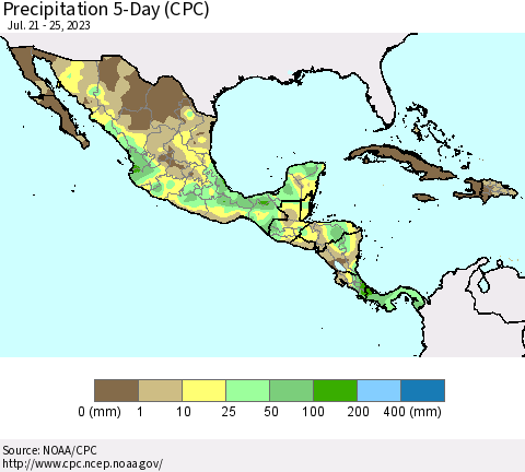 Mexico Central America and the Caribbean Precipitation 5-Day (CPC) Thematic Map For 7/21/2023 - 7/25/2023