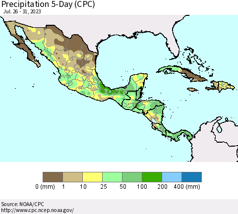 Mexico Central America and the Caribbean Precipitation 5-Day (CPC) Thematic Map For 7/26/2023 - 7/31/2023