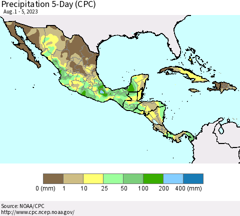 Mexico Central America and the Caribbean Precipitation 5-Day (CPC) Thematic Map For 8/1/2023 - 8/5/2023