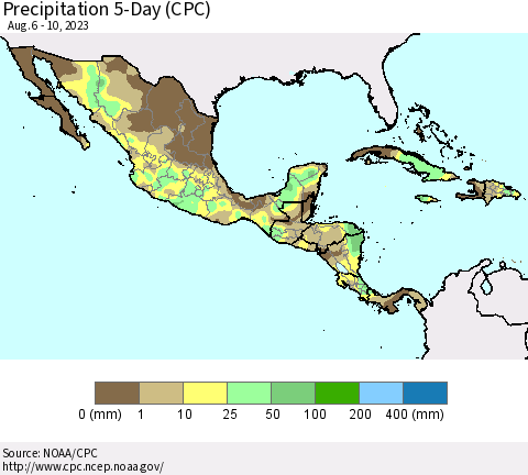 Mexico Central America and the Caribbean Precipitation 5-Day (CPC) Thematic Map For 8/6/2023 - 8/10/2023
