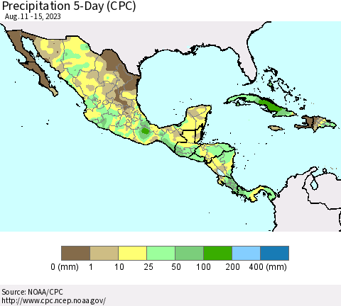 Mexico Central America and the Caribbean Precipitation 5-Day (CPC) Thematic Map For 8/11/2023 - 8/15/2023
