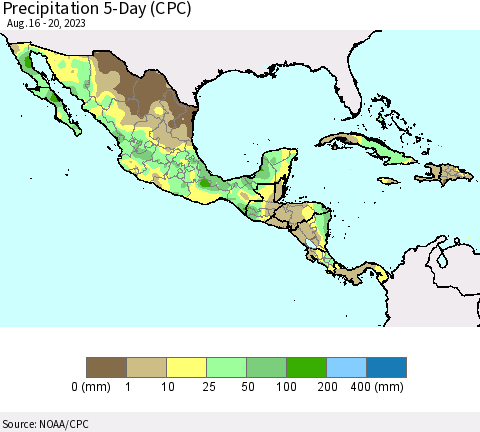 Mexico Central America and the Caribbean Precipitation 5-Day (CPC) Thematic Map For 8/16/2023 - 8/20/2023