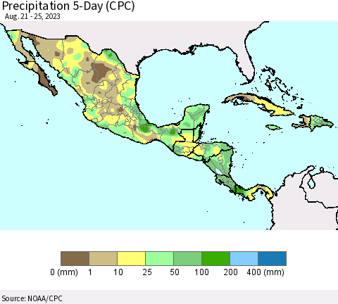 Mexico Central America and the Caribbean Precipitation 5-Day (CPC) Thematic Map For 8/21/2023 - 8/25/2023