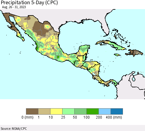 Mexico Central America and the Caribbean Precipitation 5-Day (CPC) Thematic Map For 8/26/2023 - 8/31/2023