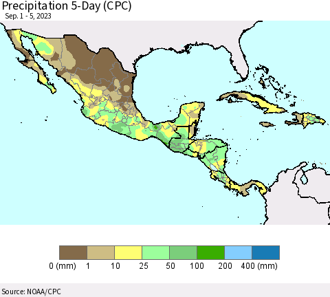Mexico Central America and the Caribbean Precipitation 5-Day (CPC) Thematic Map For 9/1/2023 - 9/5/2023