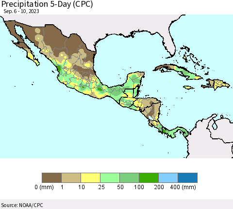 Mexico Central America and the Caribbean Precipitation 5-Day (CPC) Thematic Map For 9/6/2023 - 9/10/2023