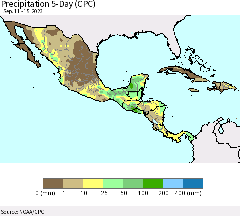 Mexico Central America and the Caribbean Precipitation 5-Day (CPC) Thematic Map For 9/11/2023 - 9/15/2023