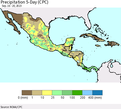 Mexico Central America and the Caribbean Precipitation 5-Day (CPC) Thematic Map For 9/16/2023 - 9/20/2023