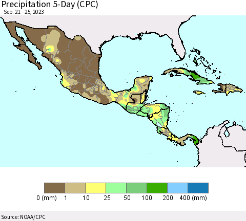 Mexico Central America and the Caribbean Precipitation 5-Day (CPC) Thematic Map For 9/21/2023 - 9/25/2023