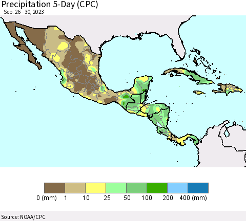 Mexico Central America and the Caribbean Precipitation 5-Day (CPC) Thematic Map For 9/26/2023 - 9/30/2023