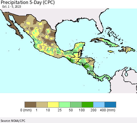 Mexico Central America and the Caribbean Precipitation 5-Day (CPC) Thematic Map For 10/1/2023 - 10/5/2023