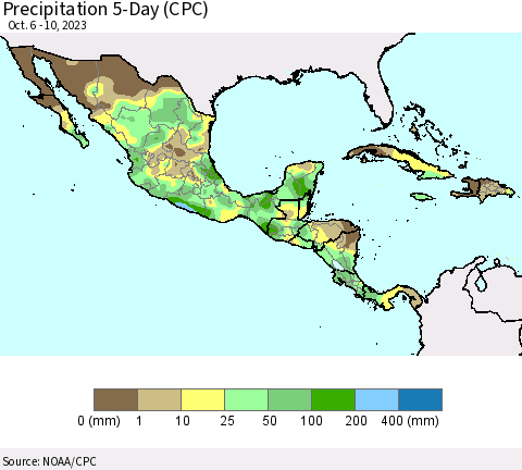 Mexico Central America and the Caribbean Precipitation 5-Day (CPC) Thematic Map For 10/6/2023 - 10/10/2023