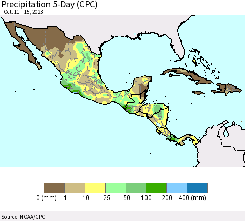 Mexico Central America and the Caribbean Precipitation 5-Day (CPC) Thematic Map For 10/11/2023 - 10/15/2023