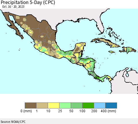 Mexico Central America and the Caribbean Precipitation 5-Day (CPC) Thematic Map For 10/16/2023 - 10/20/2023