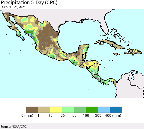 Mexico Central America and the Caribbean Precipitation 5-Day (CPC) Thematic Map For 10/21/2023 - 10/25/2023