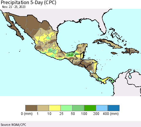 Mexico Central America and the Caribbean Precipitation 5-Day (CPC) Thematic Map For 11/21/2023 - 11/25/2023