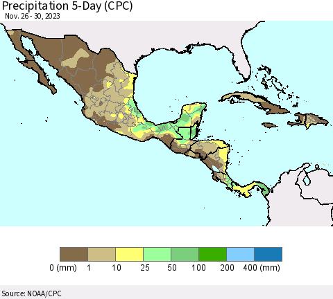 Mexico Central America and the Caribbean Precipitation 5-Day (CPC) Thematic Map For 11/26/2023 - 11/30/2023