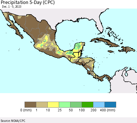 Mexico Central America and the Caribbean Precipitation 5-Day (CPC) Thematic Map For 12/1/2023 - 12/5/2023