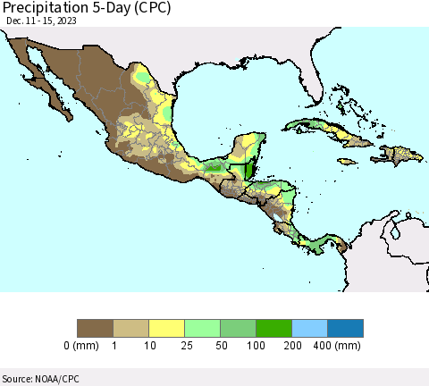 Mexico Central America and the Caribbean Precipitation 5-Day (CPC) Thematic Map For 12/11/2023 - 12/15/2023