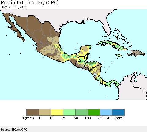 Mexico Central America and the Caribbean Precipitation 5-Day (CPC) Thematic Map For 12/26/2023 - 12/31/2023
