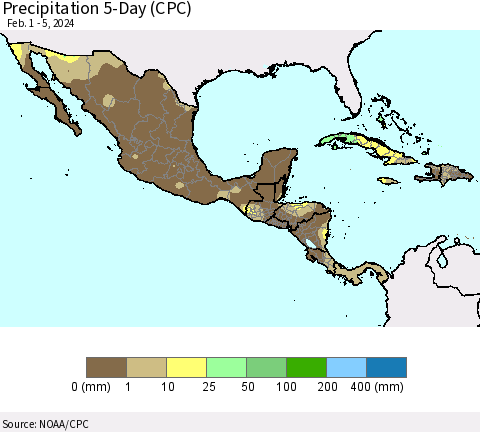 Mexico Central America and the Caribbean Precipitation 5-Day (CPC) Thematic Map For 2/1/2024 - 2/5/2024