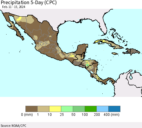 Mexico Central America and the Caribbean Precipitation 5-Day (CPC) Thematic Map For 2/11/2024 - 2/15/2024