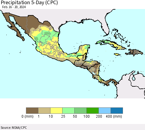 Mexico Central America and the Caribbean Precipitation 5-Day (CPC) Thematic Map For 2/16/2024 - 2/20/2024