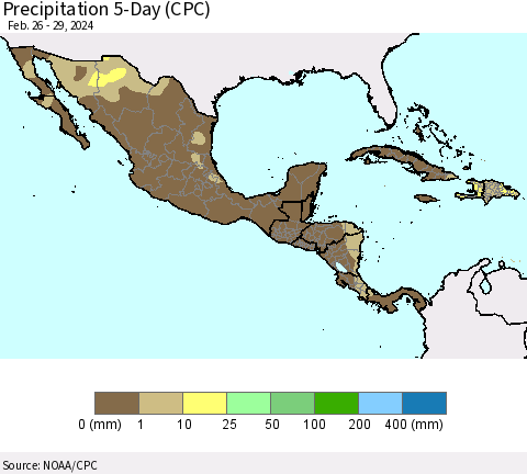 Mexico Central America and the Caribbean Precipitation 5-Day (CPC) Thematic Map For 2/26/2024 - 2/29/2024