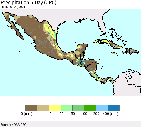 Mexico Central America and the Caribbean Precipitation 5-Day (CPC) Thematic Map For 3/16/2024 - 3/20/2024