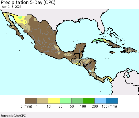 Mexico Central America and the Caribbean Precipitation 5-Day (CPC) Thematic Map For 4/1/2024 - 4/5/2024