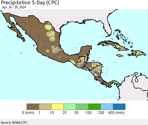 Mexico Central America and the Caribbean Precipitation 5-Day (CPC) Thematic Map For 4/16/2024 - 4/20/2024