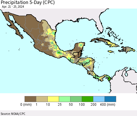 Mexico Central America and the Caribbean Precipitation 5-Day (CPC) Thematic Map For 4/21/2024 - 4/25/2024