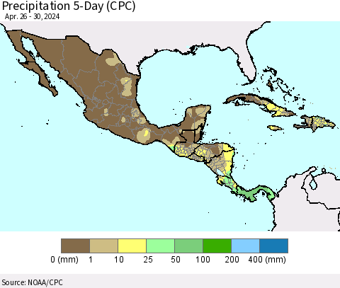 Mexico Central America and the Caribbean Precipitation 5-Day (CPC) Thematic Map For 4/26/2024 - 4/30/2024