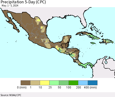 Mexico Central America and the Caribbean Precipitation 5-Day (CPC) Thematic Map For 5/1/2024 - 5/5/2024