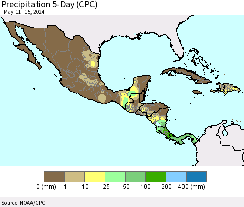 Mexico Central America and the Caribbean Precipitation 5-Day (CPC) Thematic Map For 5/11/2024 - 5/15/2024