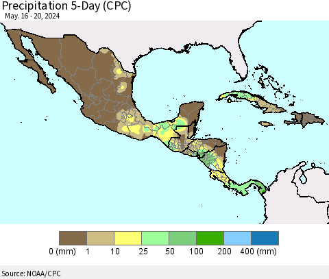 Mexico Central America and the Caribbean Precipitation 5-Day (CPC) Thematic Map For 5/16/2024 - 5/20/2024