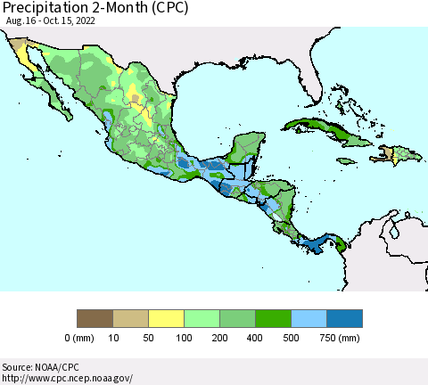 Mexico Central America and the Caribbean Precipitation 2-Month (CPC) Thematic Map For 8/16/2022 - 10/15/2022