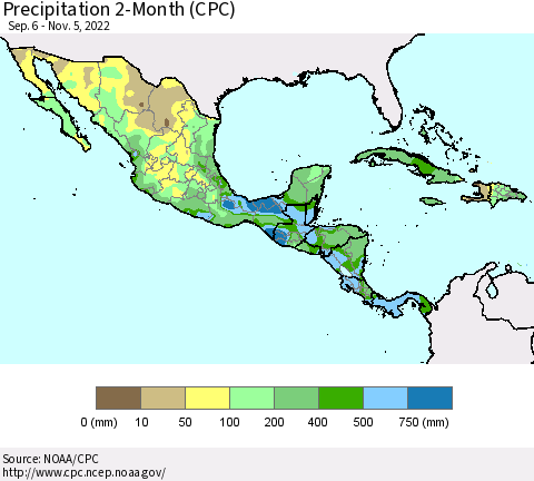 Mexico Central America and the Caribbean Precipitation 2-Month (CPC) Thematic Map For 9/6/2022 - 11/5/2022