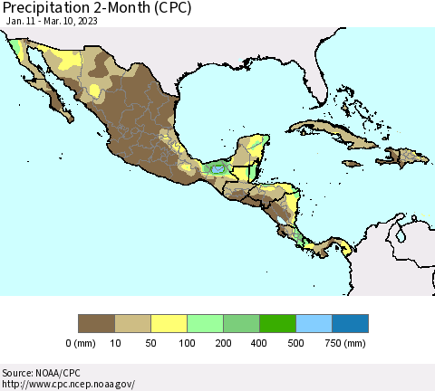 Mexico Central America and the Caribbean Precipitation 2-Month (CPC) Thematic Map For 1/11/2023 - 3/10/2023