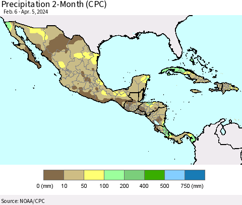 Mexico Central America and the Caribbean Precipitation 2-Month (CPC) Thematic Map For 2/6/2024 - 4/5/2024