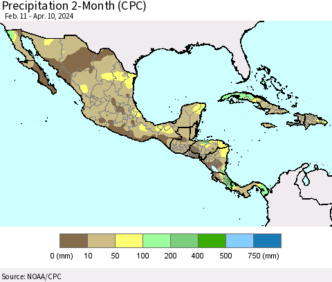 Mexico Central America and the Caribbean Precipitation 2-Month (CPC) Thematic Map For 2/11/2024 - 4/10/2024