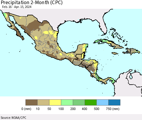 Mexico Central America and the Caribbean Precipitation 2-Month (CPC) Thematic Map For 2/16/2024 - 4/15/2024