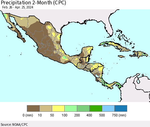 Mexico Central America and the Caribbean Precipitation 2-Month (CPC) Thematic Map For 2/26/2024 - 4/25/2024