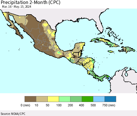 Mexico Central America and the Caribbean Precipitation 2-Month (CPC) Thematic Map For 3/16/2024 - 5/15/2024