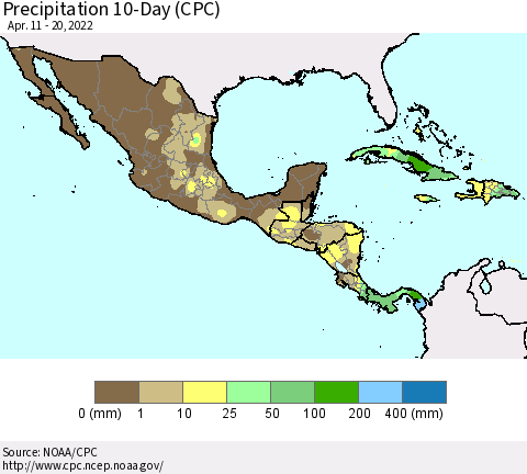 Mexico Central America and the Caribbean Precipitation 10-Day (CPC) Thematic Map For 4/11/2022 - 4/20/2022