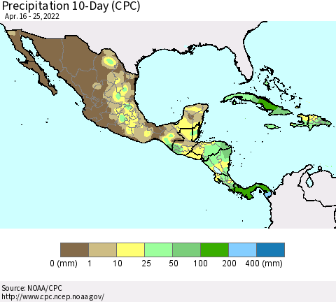 Mexico Central America and the Caribbean Precipitation 10-Day (CPC) Thematic Map For 4/16/2022 - 4/25/2022